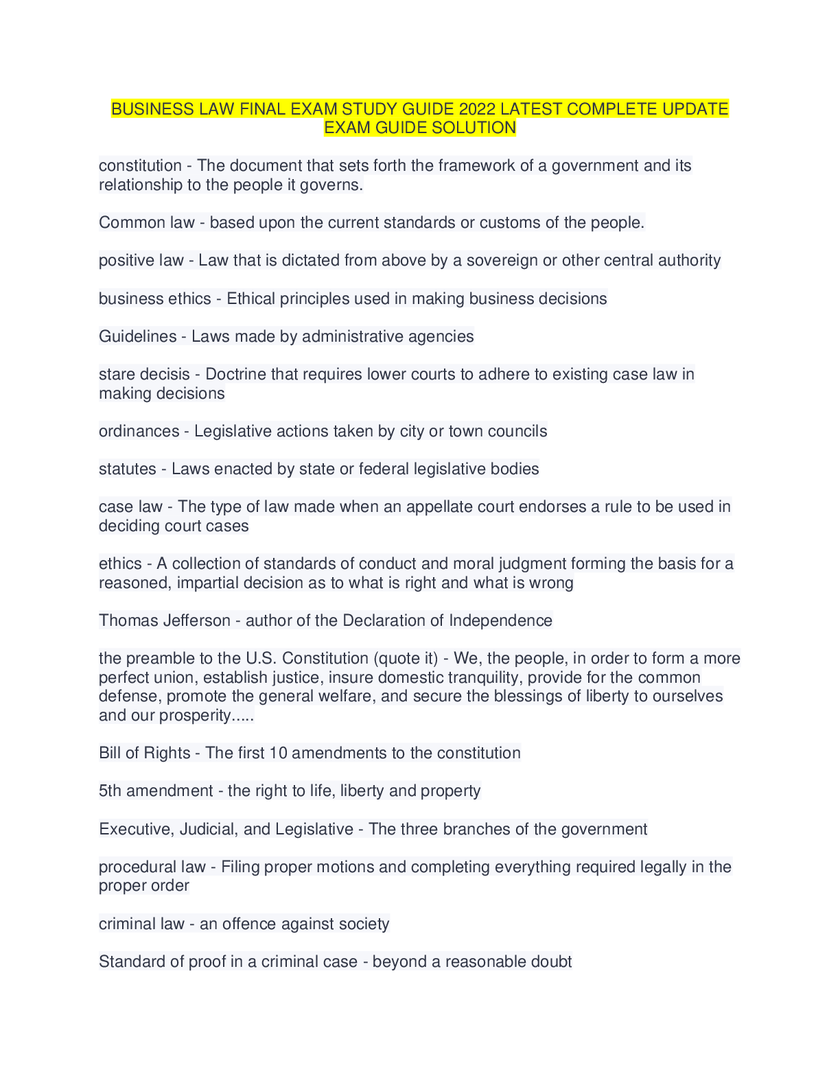 BUSINESS LAW FINAL EXAM STUDY GUIDE 2022 LATEST COMPLETE UPDATE EXAM